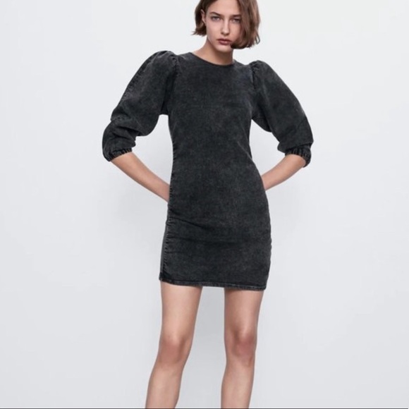 ZARA Black 80’s Acid Wash Denim Stretchy Mini Dress w/Puff Sleeves - Picture 1 of 7